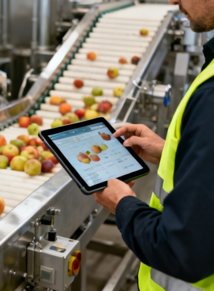 Equipa a consultar dados numa linha de producao alimentar